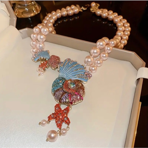 Double Layer Faux Pearl Shell Starfish Rhinestone Collarbone Necklace - Picture 4 of 13